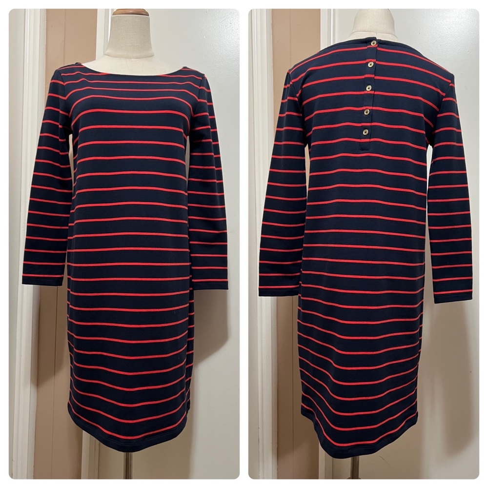 St. Tropez West Striped Button Back Long Sleeve Shift Dress Blue Orange Size S.